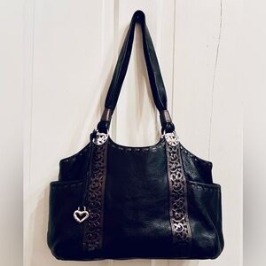 Brighton Callie Pocket Tote black leather, pewter-tone laser-cut silver hardware